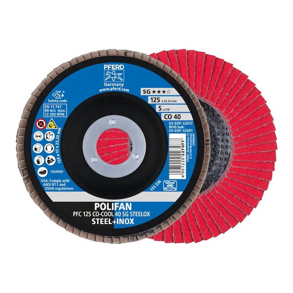Disco de láminas POLIFAN® de óxido de cerámica CO-COOL SG STEELOX de 5" x 7/8", 40 granos, cónico - 62657