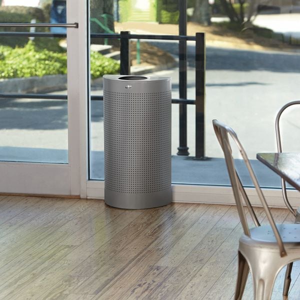 Rubbermaid Commercial 12 gal Half-Round Trash Can, Silver Metallic, 17 1/2 in Dia, Open Top, Steel, Rigid Plastic - FGSH12EPLSM