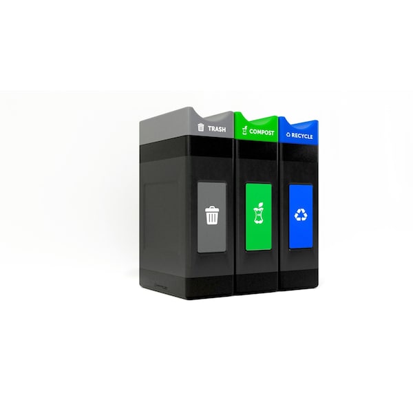 Commercial Zone Products 3 x 30 gal units Narrow Waste Container, Black w/ three lid colors, Open Top, Polyethylene - 787305MSA