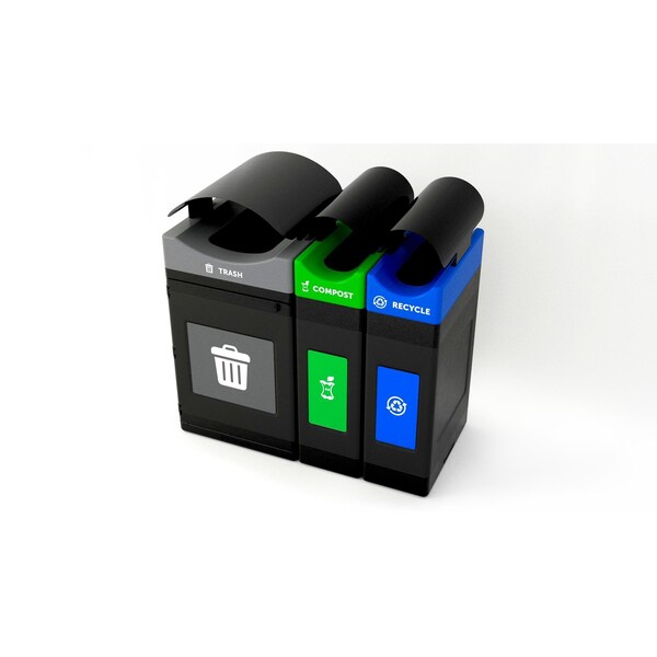 Commercial Zone Products 1 x 55 gal 2 x 30 gal narrow units Square, Rectangular Waste Container, Black w/ three lid colors - 787304MSA