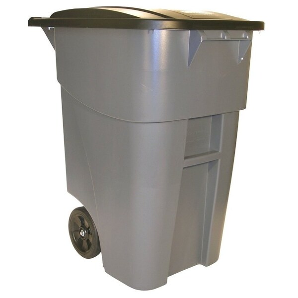 Rubbermaid Trash Container, 50 gal Capacity, Polyethylene, Gray, Hinged Lid Closure - FG9W2728GRAY