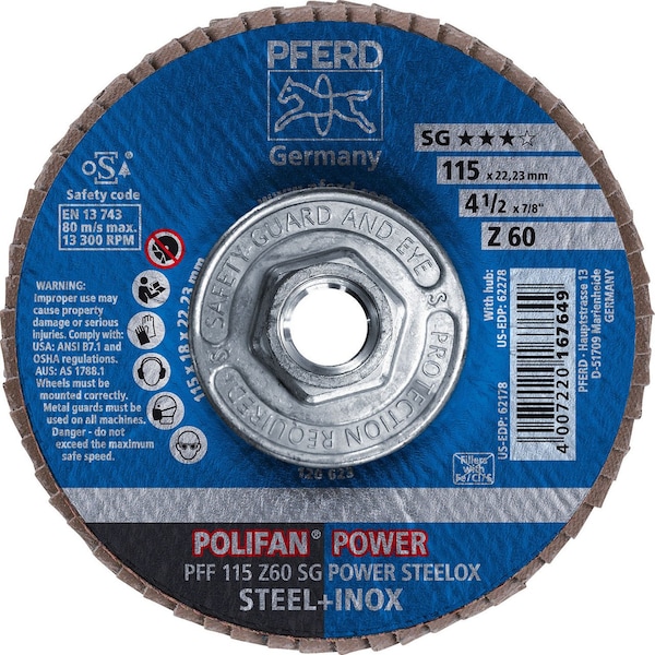 Disco de láminas POLIFAN Pferd 62278 de 4-1/2 pulgadas x 5/8-11 - Plano SG Zirconia 60G - 62278-Pferd