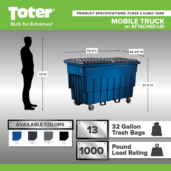 Toter Mobile Truck w/Duel Black Lid, 2 Cubic Yard 1000 lbs. Cap., Gray - FLM20-00146