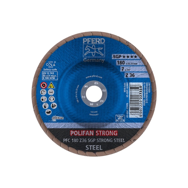 Pferd 7" x 7/8" A.H. POLIFAN® Disco de láminas - Z SGP STRONG STEEL, Zirconia, 36 Grano, Cónico - 62975