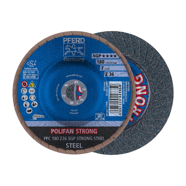 Pferd 7" x 7/8" A.H. POLIFAN® Disco de láminas - Z SGP STRONG STEEL, Zirconia, 36 Grano, Cónico - 62975