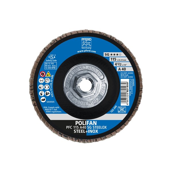 Disco de láminas POLIFAN® de óxido de aluminio Pferd 4-1/2" x 5/8-11 Thd. - A SG STEELOX, 40 Grit, Cónico - 62302