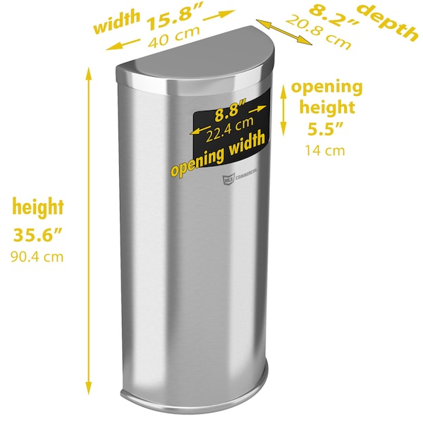Hls Commercial 9 gal Half-Round Trash Can, Silver, Stainless Steel - HLSC01G09A