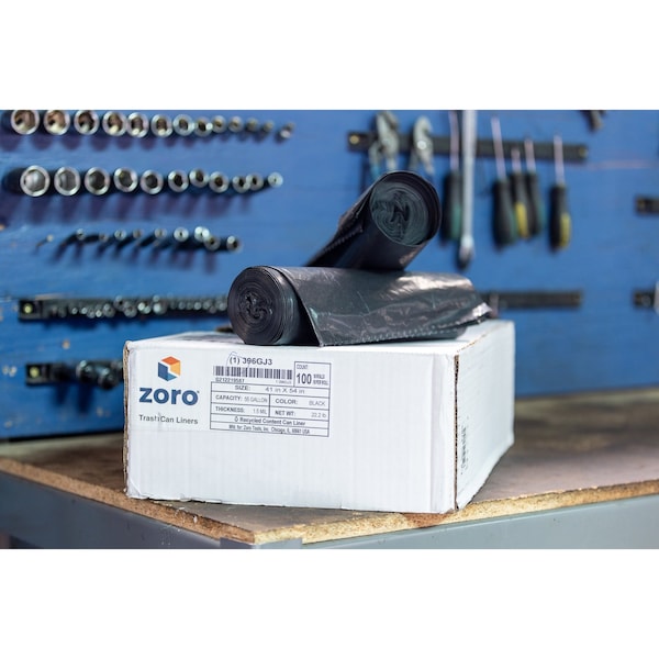 Zoro Recycled Trash Bags: 55 gal Capacity, 41 in x 54 in, 1.5 mil Thick, Black, 100 PK - 396GJ3