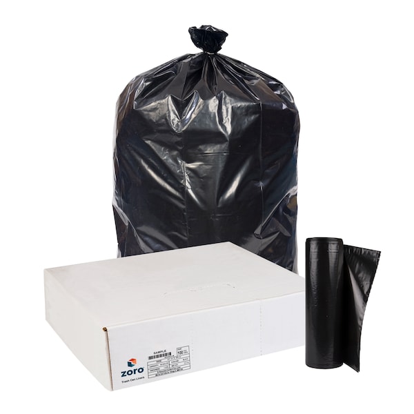 Zoro Recycled Trash Bags: 55 gal Capacity, 41 in x 54 in, 1.5 mil Thick, Black, 100 PK - 396GJ3
