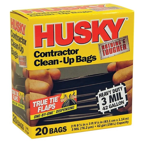 Husky 42 gal Trash Bags, 2 ft 8 3/4 in x 3 ft 9 1/8, Heavy-Duty Contractor, 3 mil, Black, 20 PK - HK42020B