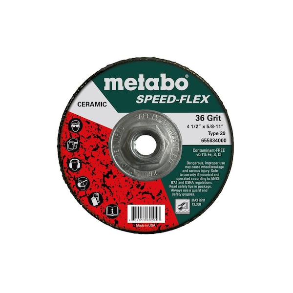 Disco de fibra de resina Metabo 4 1/2" Speed-Flex Cerámico de 36 granos, 5/8"-11, T29 de fibra de vidrio - 655834000