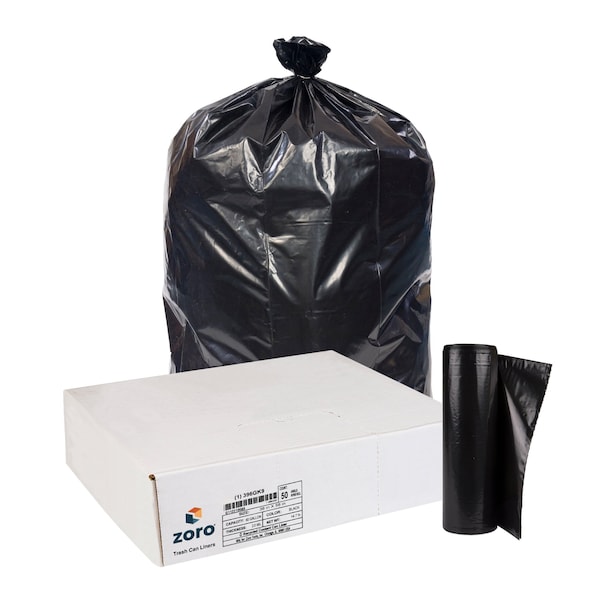 Zoro Recycled Trash Bags: 60 gal Capacity, 38 in x 58 in, 2 mil Thick, Black, 50 PK - 396GK9