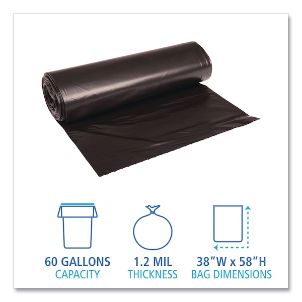 Boardwalk 60 gal Trash Bags, 47 in x 38 in, Extra Heavy-Duty, 1.2 mil, Black - BWK 519