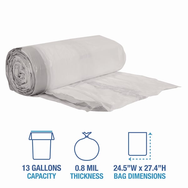 Boardwalk 13 gal Trash Bags, 24.5 in x 27.4 in, Regular-Duty, .8 M, White - BWK1DK100
