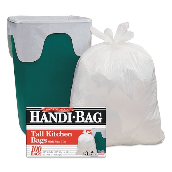 Handi-Bag 13 gal Trash Bags, 23.75 in x 28 in, Medium-Duty, .6 Mil, White, 100 PK - HAB 6FK100