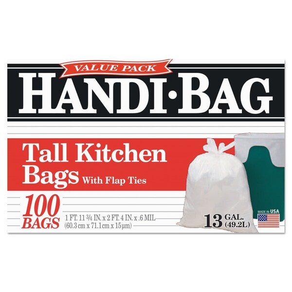 Handi-Bag 13 gal Trash Bags, 23.75 in x 28 in, Medium-Duty, .6 Mil, White, 100 PK - HAB 6FK100