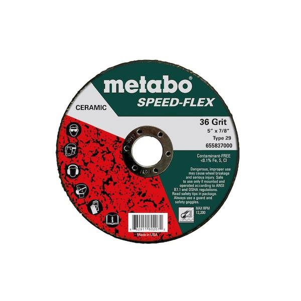 Disco de fibra de resina Metabo de 5" Speed-Flex Ceramic 36 Grit, 7/8", T29 Fiberglass - 655837000.