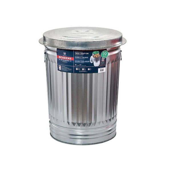 Behrens 31 gal Round Trash Can, Silver, with a lid, Galvanized Steel - 1270