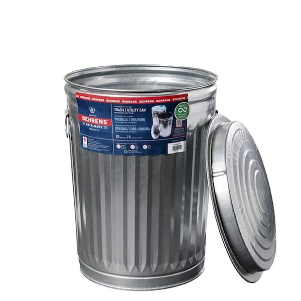 Behrens 20 gal Round Trash Can, Silver, with a lid, Steel - 1211