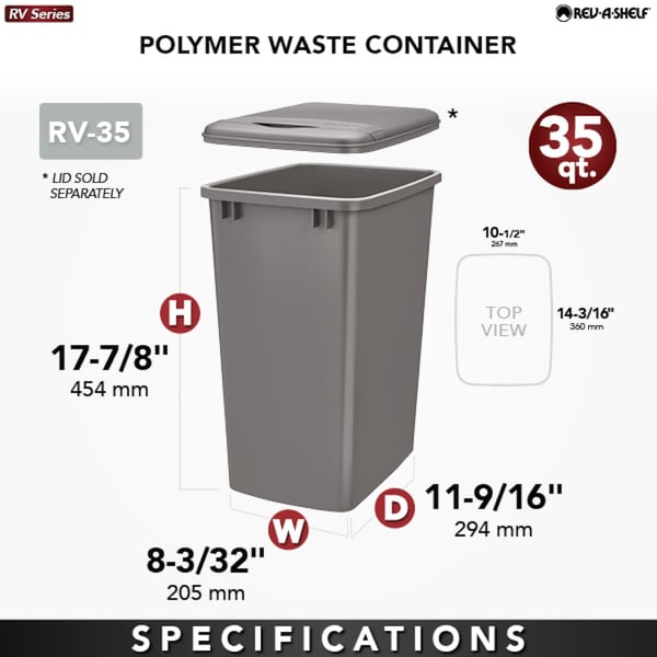 Rev-A-Shelf 35 Qt, Under Sink Trash Can, Container, Wastebasket, White - RV-35-52