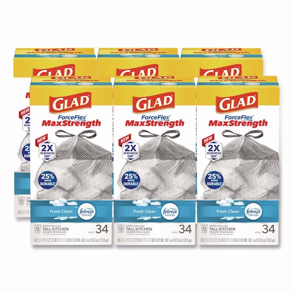 Glad 13 gal Trash Bags, 24 in x 28 in, Heavy-Duty, .9 Mil, White, 204 PK - CLO 70320