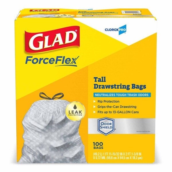 Cloroxpro Glad Forceflex Tall Kitchen Trash Bag 13 gal. Gray LLDPE 0.95 mil 24 X 28 Inch Flat Pack, 100PK - 70427