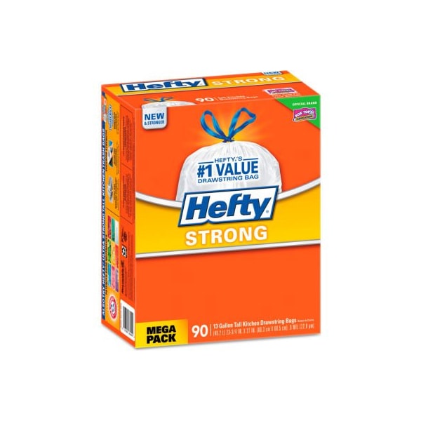 Reynolds Hefty¬Æ Strong Tall Kitchen Drawstring Trash Bags - White, 13 Gal, 0.9 Mil, 90/Box - - RFPE84574
