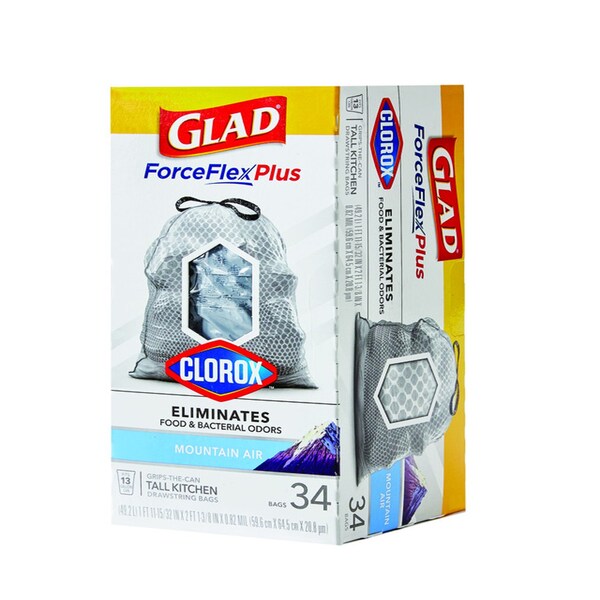 Glad Glad Force Flex Plus 13 gal Mountain Air Scent Tall Kitchen Bags Drawstring 34 pk 0.82 mil - 79298