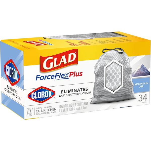 Glad Glad Force Flex Plus 13 gal Mountain Air Scent Tall Kitchen Bags Drawstring 34 pk 0.82 mil - 79298
