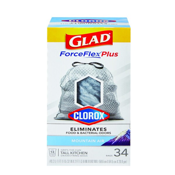 Glad Glad Force Flex Plus 13 gal Mountain Air Scent Tall Kitchen Bags Drawstring 34 pk 0.82 mil - 79298