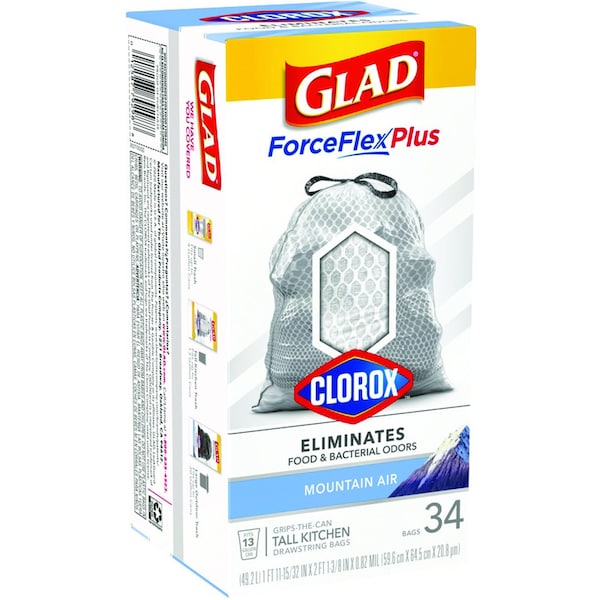 Glad Glad Force Flex Plus 13 gal Mountain Air Scent Tall Kitchen Bags Drawstring 34 pk 0.82 mil - 79298