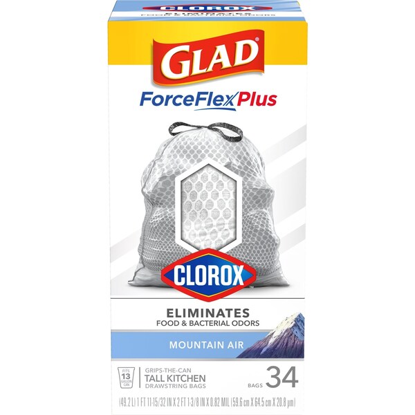 Glad Glad Force Flex Plus 13 gal Mountain Air Scent Tall Kitchen Bags Drawstring 34 pk 0.82 mil - 79298