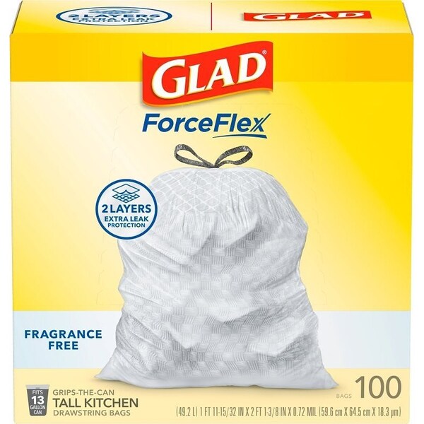 Glad ForceFlex Series Fragrance-Free Trash Bag, 13 gal, Plastic, 100PK - 22540