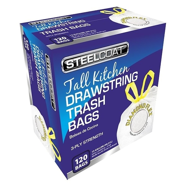 Steelcoat STEELCOAT FG-P9921-17N Trash Bag, 13 gal Capacity, Drawstring Closure, White - FG-P9921-17N