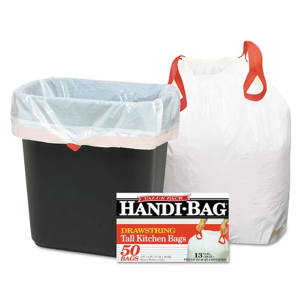 Handi-Bag 13 gal Trash Bags, 24 in x 27.4 in, Medium-Duty, .6 Mil, White, 300 PK - WEB HAB6DK50