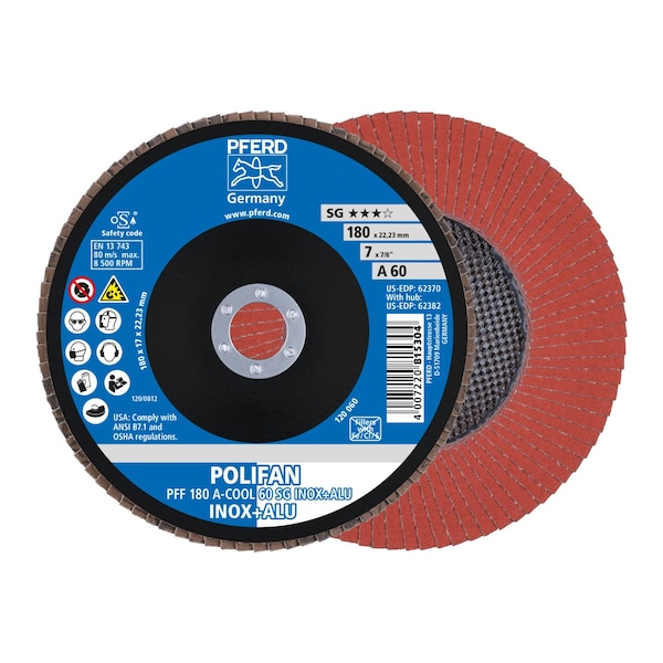 Disco de láminas Pferd 7" x 7/8" A.H. POLIFAN® - A-COOL SG INOX+ALU, Óxido de aluminio, 60 granos, Plano - 62370