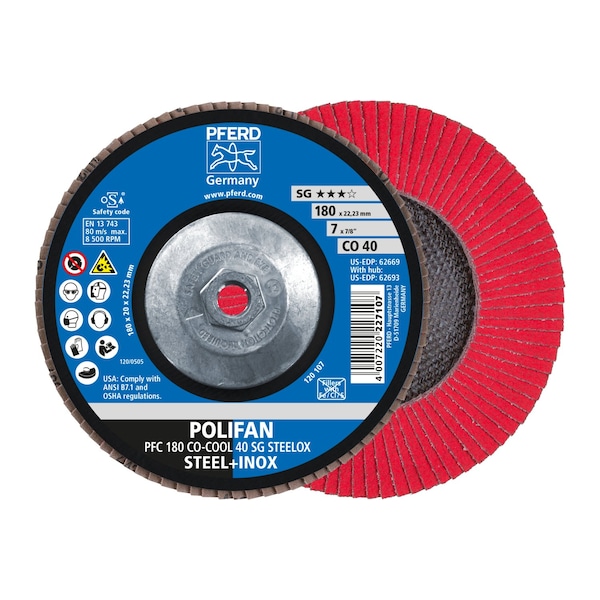 7" x 5/8-11 Thd. Discoh Pferd POLIFAN® - CO-COOL SG STEELOX, óxido cerámico, 40 granos, cónico - 62693