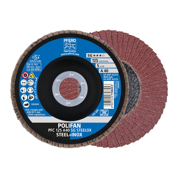 Disco de láminas POLIFAN® de 5" x 7/8" A.H. - A SG STEELOX, óxido de aluminio, 40 granos, cónico - 62213