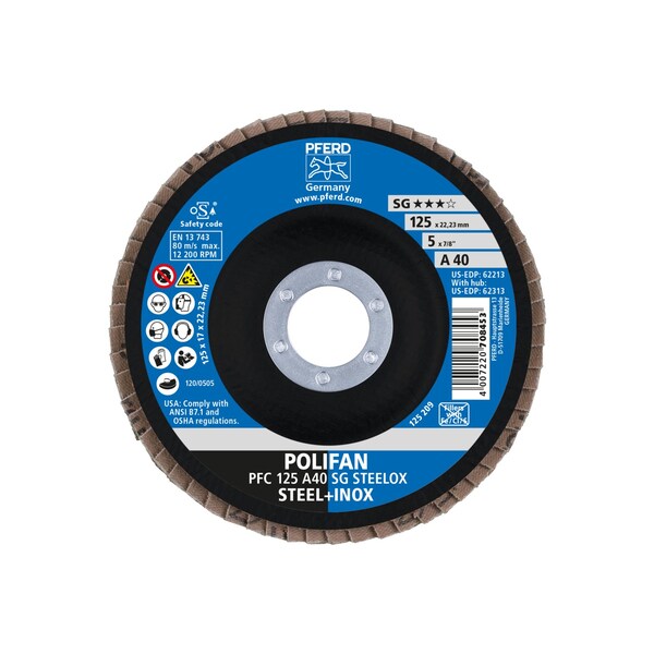 Disco de láminas POLIFAN® de 5" x 7/8" A.H. - A SG STEELOX, óxido de aluminio, 40 granos, cónico - 62213