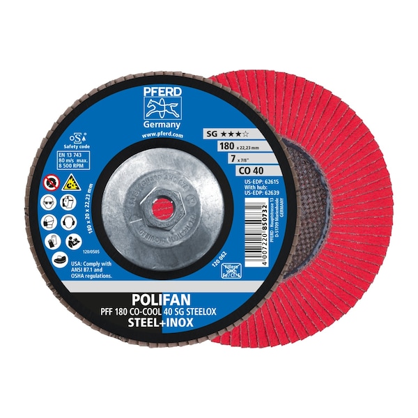 Disco de láminas POLIFAN® de óxido cerámico de Pferd 7" x 5/8-11 Thd. CO-COOL SG STEELOX, 40 grano, plano - 62639.