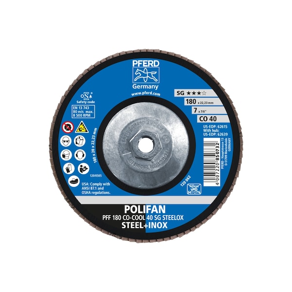 Disco de láminas POLIFAN® de óxido cerámico de Pferd 7" x 5/8-11 Thd. CO-COOL SG STEELOX, 40 grano, plano - 62639.