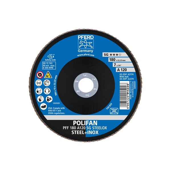 Disco de láminas Pferd 7" x 7/8" A.H. POLIFAN® - A SG STEELOX, Óxido de aluminio, 120 Granos, Plano - 62174
