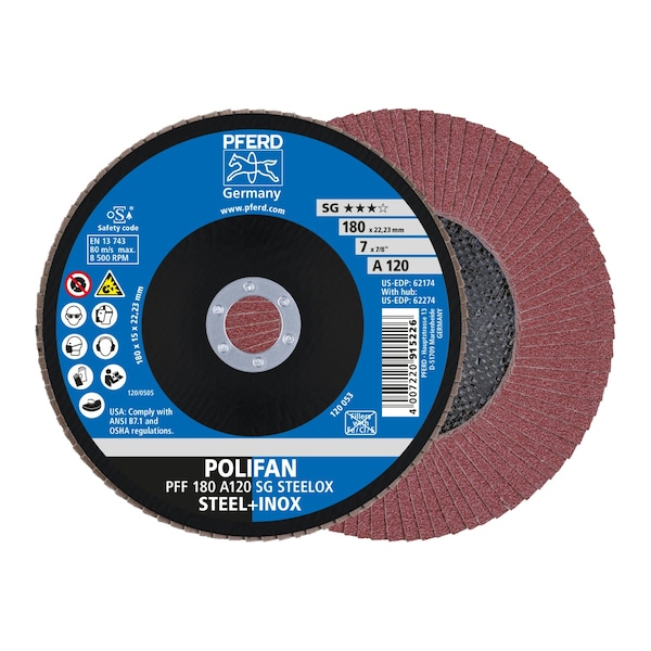 Disco de láminas Pferd 7" x 7/8" A.H. POLIFAN® - A SG STEELOX, Óxido de aluminio, 120 Granos, Plano - 62174