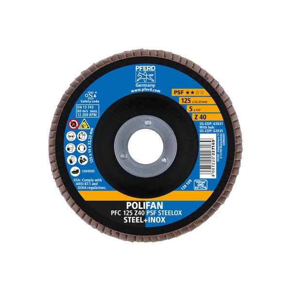 Disco de láminas POLIFAN® de 5" x 7/8" A.H. Z PSF STEELOX, Zirconia, 40 Granos, Conico - 63031