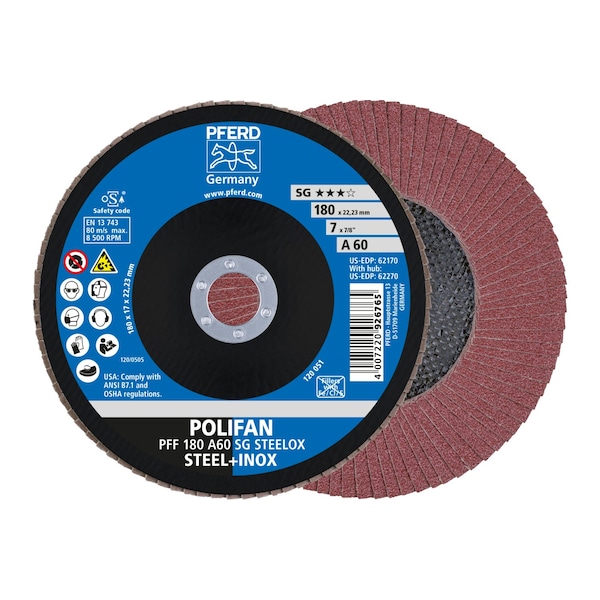 Disco de láminas POLIFAN® de Pferd 7" x 7/8" A.H. - A SG STEELOX, óxido de aluminio, 60 granos, plano - 62170.