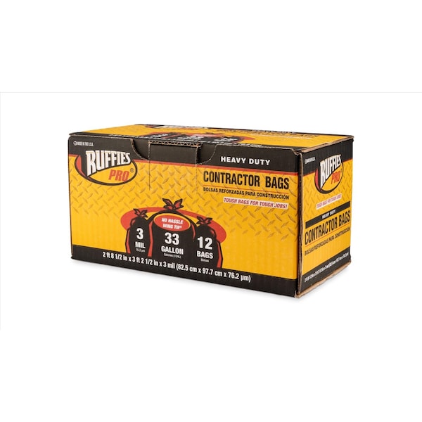 Ruffies Ruffies 33 gal Contractor Bags Wing Ties 12 pk 3 mil - 1124911