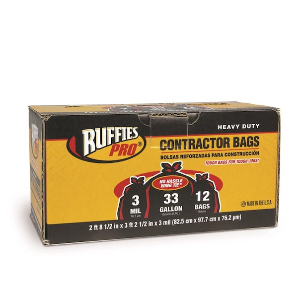Ruffies Ruffies 33 gal Contractor Bags Wing Ties 12 pk 3 mil - 1124911