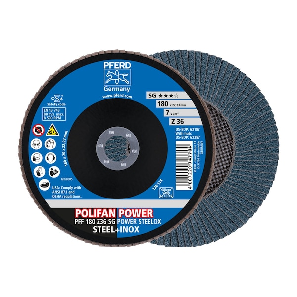 Disco de láminas POLIFAN® Pferd 7" x 7/8" A.H. - Z SG POWER STEELOX, Zirconia, 36 Granos, Plano - 62187