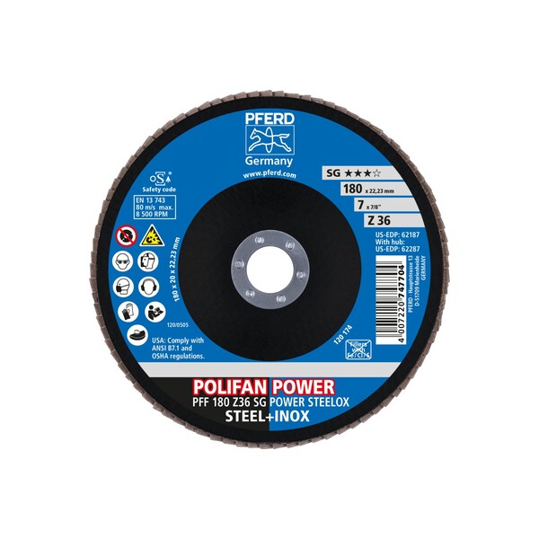 Disco de láminas POLIFAN® Pferd 7" x 7/8" A.H. - Z SG POWER STEELOX, Zirconia, 36 Granos, Plano - 62187