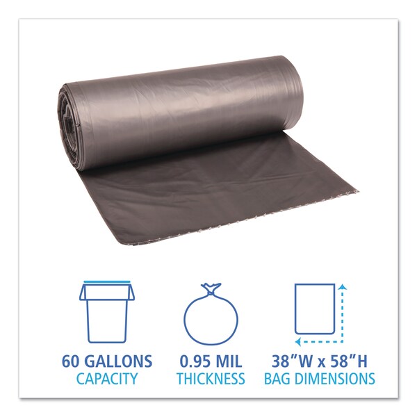 Boardwalk 60 gal Trash Bags, 38 in x 58 in, 0.95 mil, Gray, 100 PK - H7658TGKR01